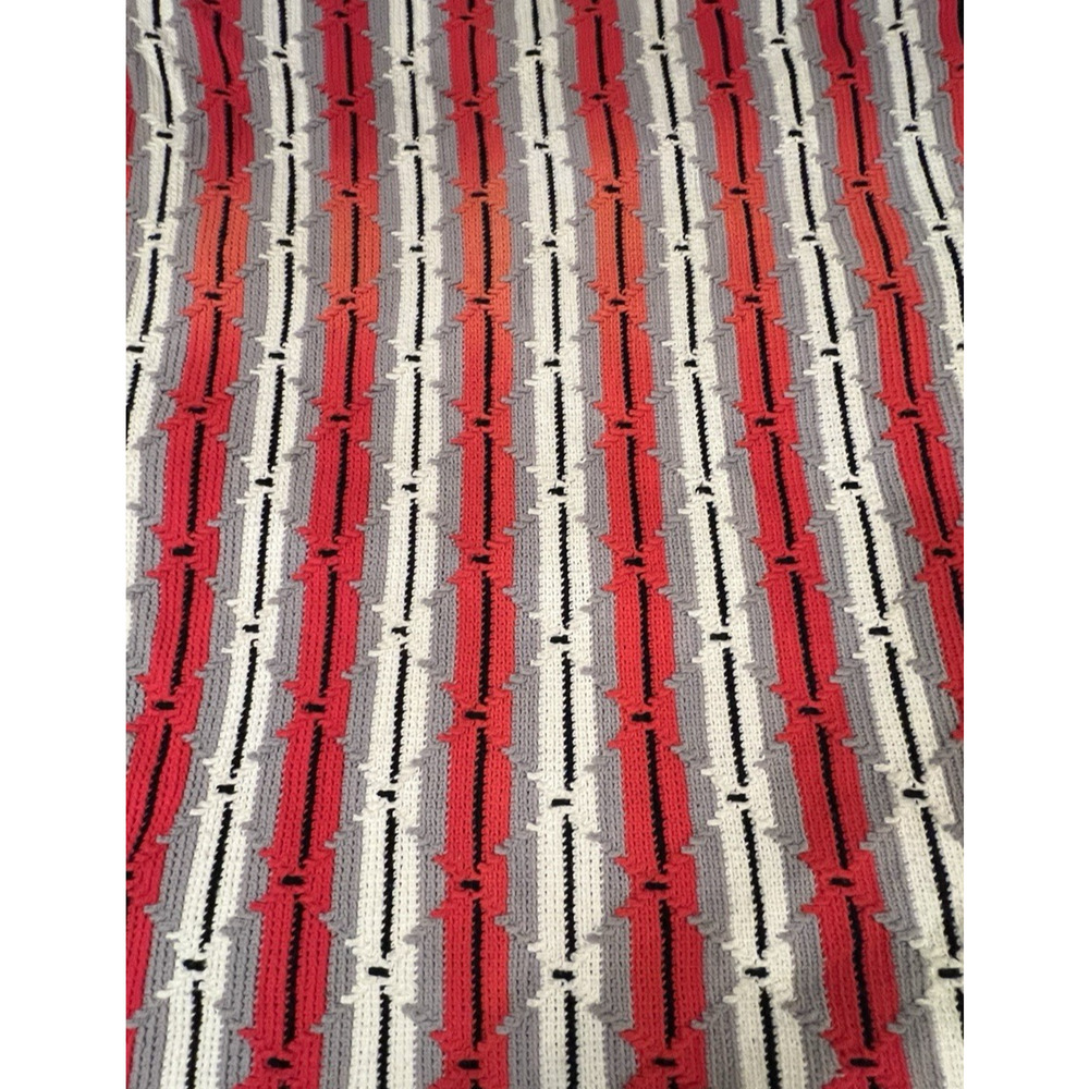 Handmade Crochet Afghan 52" x 68" Striped Red Gray White Couch Throw Blanket - Picture 2 of 6